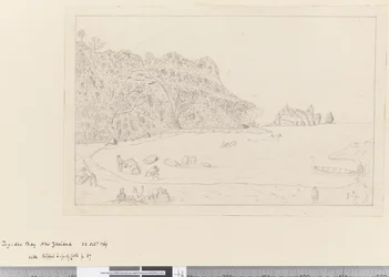 Ansicht des Wasserplatzes Tegadoo Bay, Neuseeland, 23. Oktober 1769