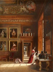 Eine romantische Ansicht des großen Schlafzimmers des Königs mit einer Gruppe von Menschen in Kostümen des 17. Jahrhunderts, ca. 1703-05