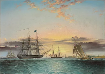 Die U.S.S. Ohio im Schlepp im Lower Bay, New York mit Blick auf Fort Hamilton