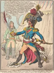 Buonaparte hört von Nelsons Sieg und schwört bei seinem Schwert, die Engländer von der Erde zu vertilgen (aus: Caricature, Bd. 1)