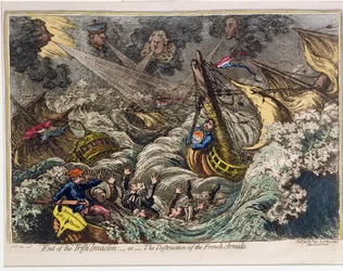 Ende der irischen Invasion oder Die Zerstörung der französischen Armada, veröffentlicht von Hannah Humphrey 1797