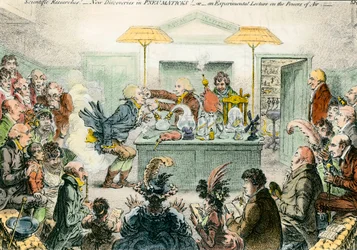 Englische Satire auf die Wissenschaft: neue Entdeckungen in pneumatischen Materialien. Satirische Zeichnung über die Begeisterung für wissenschaftliche Konferenzen im 19. Jahrhundert. Gravur von James Gillray (1757-1815)