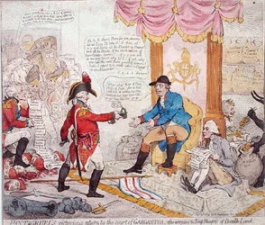 Pantagruels siegreiche Rückkehr an den Hof von Gargantua nach der Ausrottung der Soup-Meagres von Bouaille Land, veröffentlicht von Hannah Humphrey im Jahr 1794 (handkolorierte Radierung)