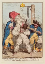 Vergeltung: Teeren und Federn oder Die Rache des Patrioten, veröffentlicht 1795, handkolorierte Gravur