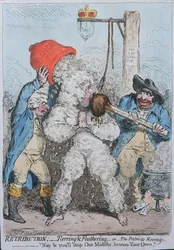 Vergeltung: Teeren und Federn, oder Die Rache des Patrioten, veröffentlicht von Hannah Humphrey 1795 (handkolorierte Radierung)