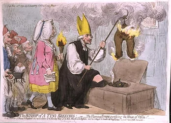 Die Hose des Bischofs von Tun, oder Der flammende Eveque reinigt das Aborthäuschen, veröffentlicht von Hannah Humphrey 1792