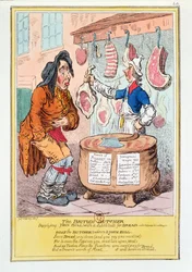Der britische Metzger versorgt John Bull mit einem Ersatz für Brot, 1795