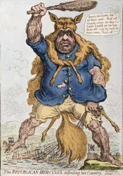 Der republikanische Herkules verteidigt sein Land, veröffentlicht von Hannah Humphrey 1797 (handkolorierte Radierung)