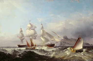 Ein Klipperschiff vor dem Mumbles-Leuchtturm, Swansea