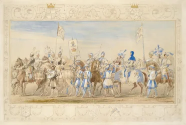 Fortsetzung des Gefolges des Marquis von Waterford, Ritter des Drachen und Viscount Alford, Ritter des Schwarzen Löwen, 1839 (Bleistift, Aquarell, Gouache und Goldfarbe auf Papier)