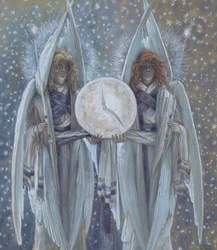 Engel unterstützen eine Uhr, die die Stunden der verschiedenen Szenen der Passion anzeigt, Illustration für Das Leben Christi