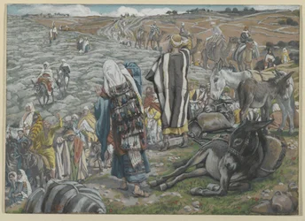 Bei der Rückkehr aus Jerusalem wird bemerkt, dass Jesus verloren ist, Illustration aus Das Leben unseres Herrn Jesus Christus