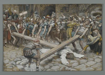 Simon von Kyrene gezwungen, das Kreuz mit Jesus zu tragen, Illustration aus Das Leben unseres Herrn Jesus Christus, 1886-94