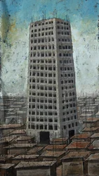 Wolkenkratzer über dichter Stadt