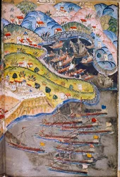 Piraten greifen Nizza, Frankreich, das vom Römischen Reich gehalten wird, im Jahr 1543 an. Topkapi-Museum, Istanbul, Türkei.