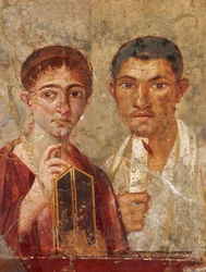 Römisches Fresko in Pompeji zeigt ein Paar mit Schreibwerkzeugen. Museo Archeologico...