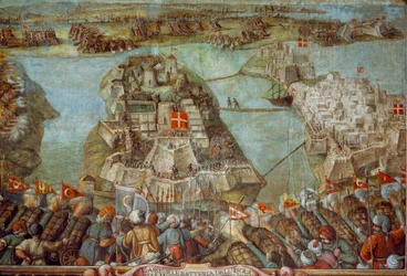 Dieses Fresko stellt die türkische Belagerung Maltas von 1565 dar. Kunstwerk