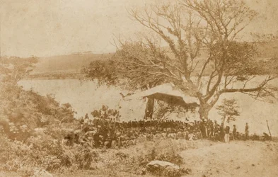 Das Verlesen eines Ultimatums an Zulu-Häuptlinge auf der Natal-Seite des Drift Lower Tugela