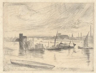 Battersea Morgendämmerung (Cadogan Pier), aus der Thames Set (Eine Serie von sechzehn Radierungen von Szenen an der Themse und anderen Motiven)