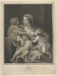 Wohltätigkeit, die ein Kind stillt, ein weiteres schläft auf ihrem Schoß und ein drittes spricht mit ihr, 1793