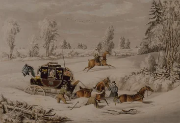Die Postkutsche in einem Schneeverwehung