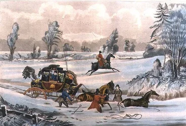 Die Postkutsche im Schneetreiben, graviert von G. Reeves, veröffentlicht von J. Watson am 21.09.1825