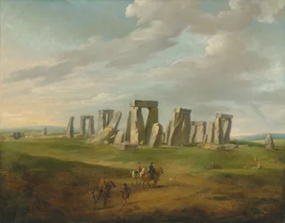 Stonehenge mit einer Kutsche und Reisenden zu Pferd