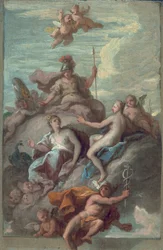 Juno, Minerva und Venus schicken Merkur mit dem Apfel der Zwietracht, um 1718