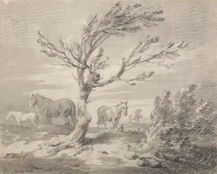 Landschaft mit drei Pferden und einem Baum im Vordergrund