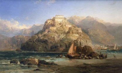 Ansicht von San Sebastian, in der Mitte der Berg Urgull und die Gebäude des Schlosses Santa Cruz de la Mota