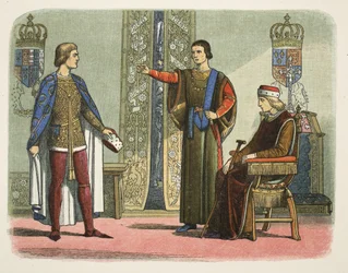 Heinrich VI. und die Herzöge von York und Somerset, September 1450, aus A Chronicle of England BC 55 to AD 1485, veröffentlicht in London