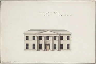 Soho House: Plan des Erdgeschosses; Plan des Schlafzimmers; Ansicht der Südfront, Entwurf A, Ansicht der Südfront, Entwurf B, und Ansicht der Nordfront, 1796