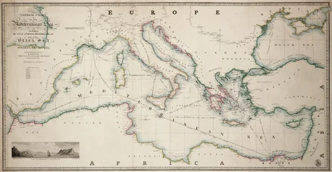 Generalkarte des Mittelmeers einschließlich des Golfs von Venedig, des Archipels und eines Teils des Schwarzen Meeres mit den Dampfschifffahrtsrouten