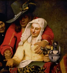 Ein Mann hält einer Frau, die ihre Brust berührt, eine Münze hin, Detail aus Die Kupplerin