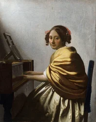 „Junge Frau, die am Virginal sitzt“ Gemälde von Jan Vermeer (Johannes) (1632-1675) um 1670, 25,1x20 cm, Privatsammlung