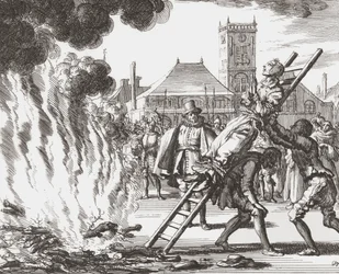 Eine Hexe, die im 16. Jahrhundert in Holland lebendig verbrannt werden soll