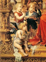 Engel, die Musikinstrumente spielen, Detail aus dem zentralen Panel des Malvern-Triptychons