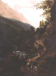 Maultiertreiber auf einem Bergpfad an einem Wildbach