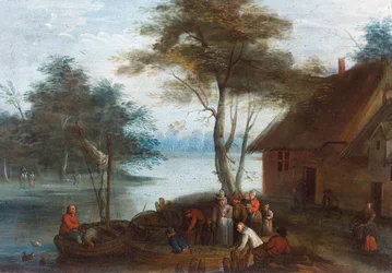 Flusslandschaft mit Figuren, die in Boote steigen