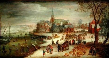 Ansicht von Shelle und dem Fluss Schelde im Winter mit einem Markt und Schlittschuhläufern