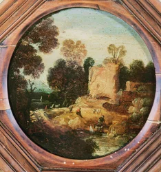 Eine bewaldete Landschaft mit Hirten und Ziegen an einem Teich