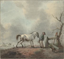 Landschaft mit einem trinkenden Mann, Pferd und Hund