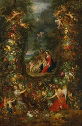 Die Heilige Familie umgeben von einem Fruchtkranz, getragen von Putti
