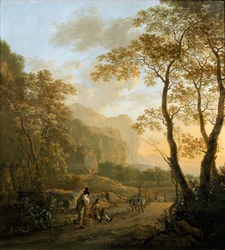 Landschaft mit rastenden Reisenden und Ochsenkarren