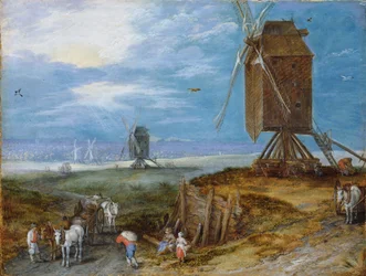 Weitläufige Landschaft mit Mühlen, Bauern und Karren im Vordergrund