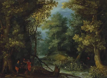 Jäger mit Hunden an einem Bach in einer bewaldeten Landschaft