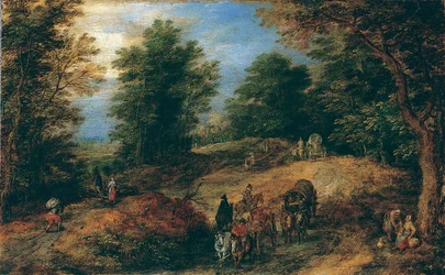 Landschaft mit Reisenden auf einem Waldweg, ca. 1607