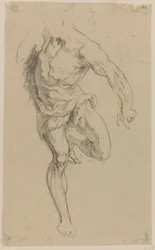 Studie eines nackten Mannes, von vorne stehend mit angezogenem linken Bein, kopflos