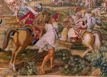 Flämischer Wandteppich. Serie Die Eroberung von Tunis. Der Angriff auf La Goleta (Ataque a la Goleta). Vierter Wandteppich in der Serie. Modell Jan Vermeyen und Pieter Coecke van Aelst. 1543-1548. Herstellung Real Fábrica de Tapices de Santa Bárbara, Madri