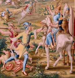 Flämischer Wandteppich. Serie Die Eroberung von Tunis. Der Angriff auf La Goleta. Vierter Wandteppich der Serie. Modell Jan Vermeyen und Pieter Coecke van Aelst. 1543-1548. Herstellung Real Fábrica de Tapices de Santa Bárbara, Madrid.